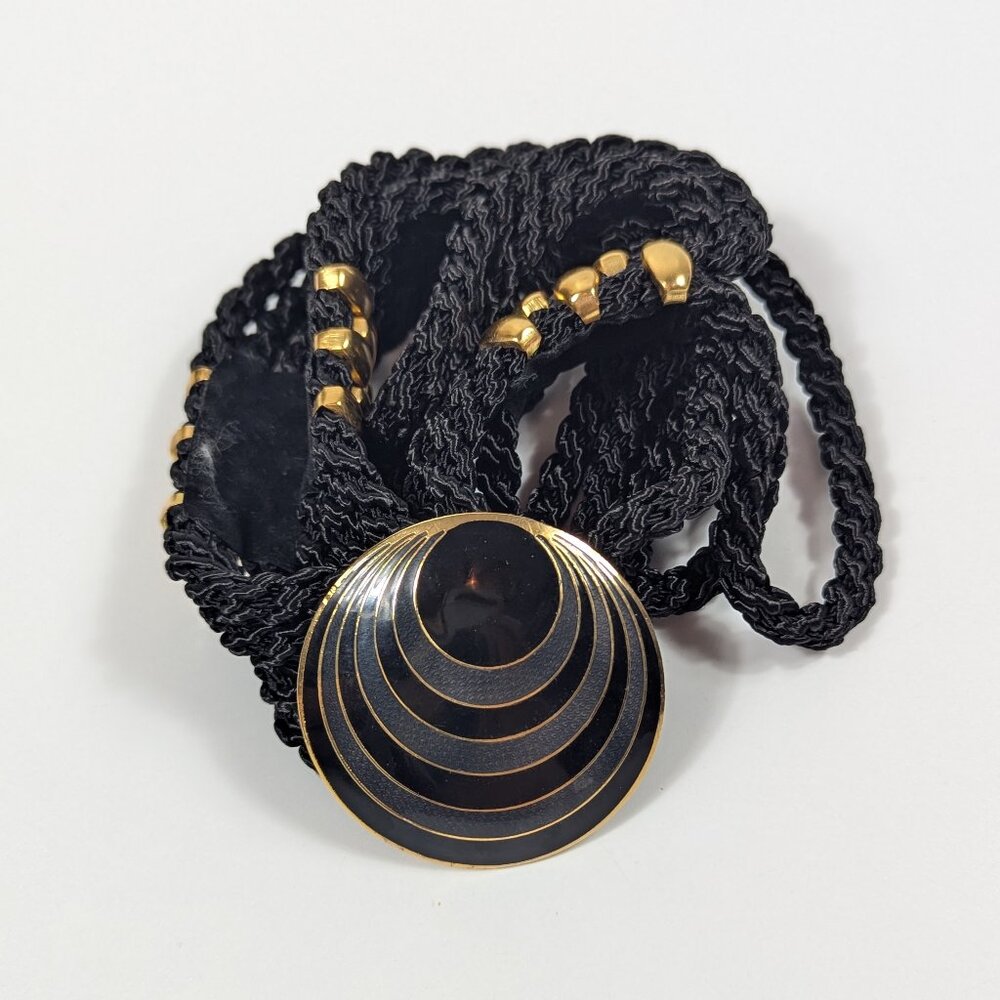 SITI Cloisonne Round Black & Blue Belt Buckle & Black Braided Cord Belt Vintage